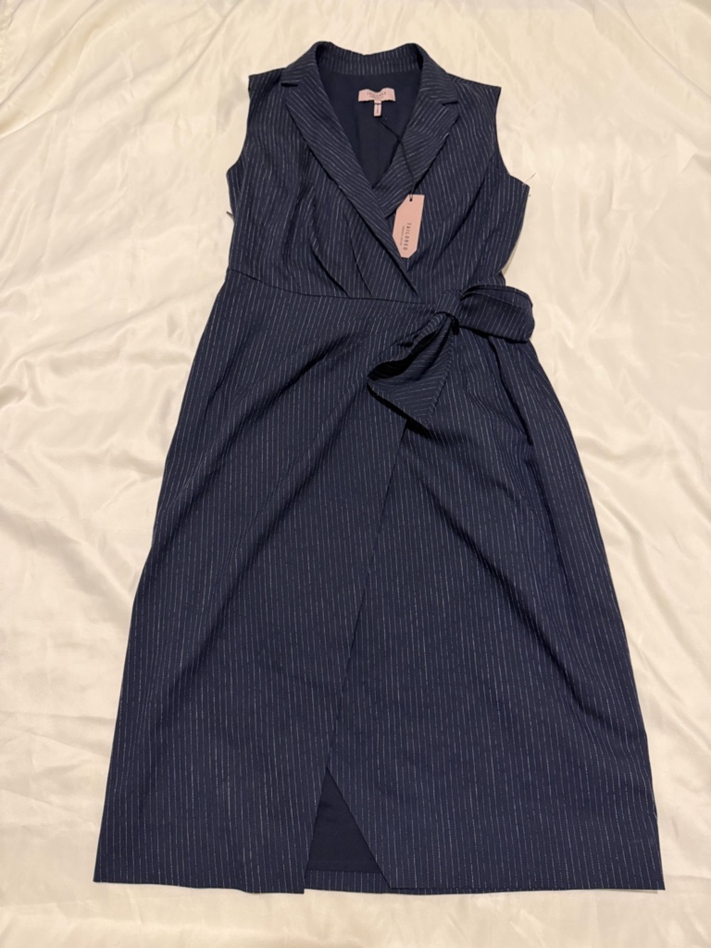 Sleeveless Navy Pinstripe Wrap-Front Mini Dress, SZ 0, NWT - Picture 13 of 14
